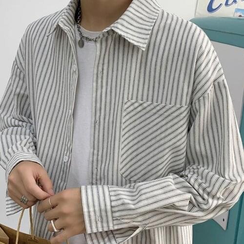 Korean Men Clothes Casual Chest Pocket Cotton Mens Blouse Daily Fashion Loose White Gray Button Striped Shirts M-3XL