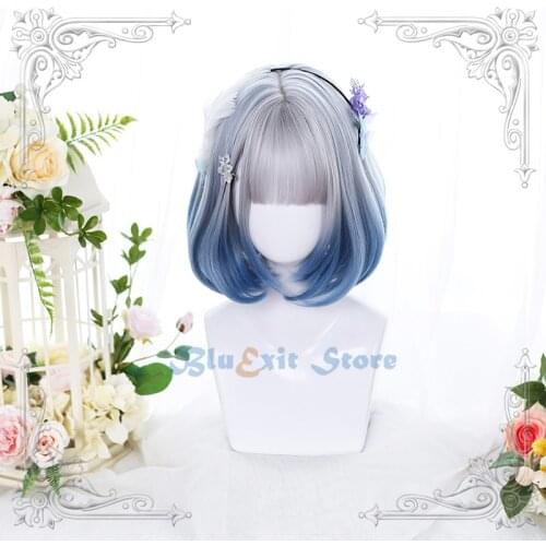 Gradient Blue Pink Lolita Wig Harajuku Fairy Cosplay Bangs Curly Short Sweet Fringe Synthetic Hair for Adult Girls