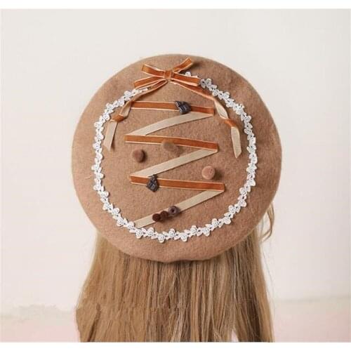 Chocolate Bow Beret Flat Cap Womens Gloves Ear Cover Lolita Girl Fall Winter Warm Painters Hat B1535