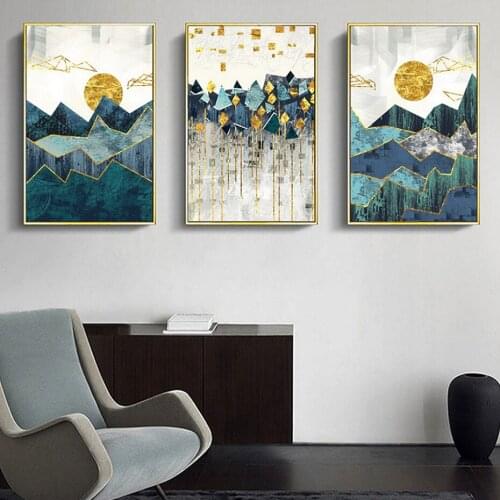 Nordic Abstract Golden Sun Wall Art Canvas Painting Geometric Mountain Landscape Art Poster Print Wall Picture for Living Room