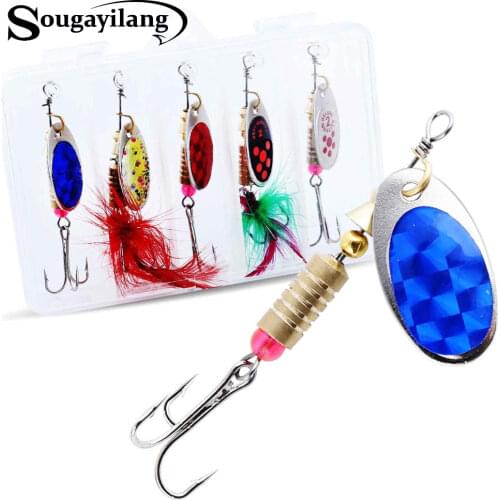 Sougayilang 5pcs Fishing Lure Hard Metal Spinnerbaits Lures Kit Bass Trout Walley Spinners Baits Salmon Tackle With Box Combo