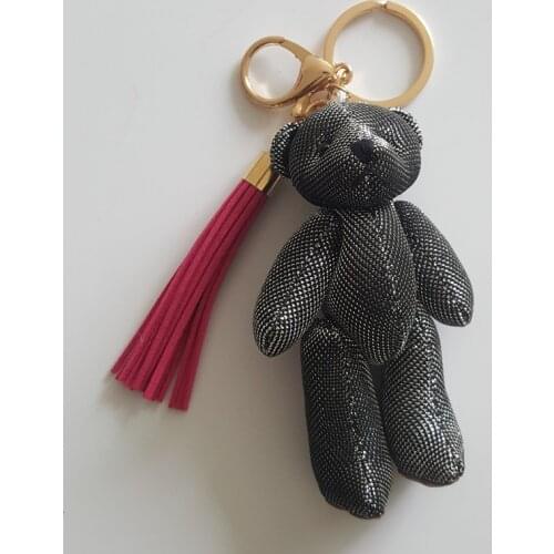Fabric Doll Toy Black Bear Keychain Ring Holder Leather Tassel Car Key Chains Hanging Key Ring Key Holder Purse Charm Boutique