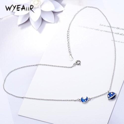 WYEAIIR Starry Planet Moon Blue Fresh Cute Student Gift 925 Sterling Silver Clavicle Chain Female Necklace
