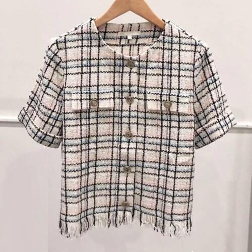Womens short-sleeved plaid woven jacket office ladies clothes pocket French brand elegant commuter womens jacket 2021 new