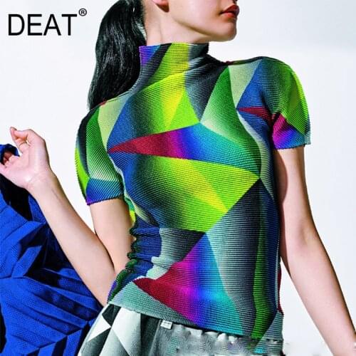 DEAT Women Print Pleated T-shirt Hit Color High Elastic Half Turtleneck Short Sleeve Wild Top Casual 2021 Autumn Fashion 15HT246