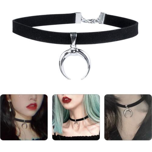 Newest Fashion Black Velvet Ribbon Chain Moon Necklace Gothic Handmade Crescent Pendant Choker For Women Charm Collares