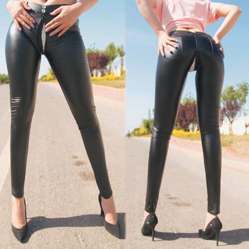 Womens Public Outdoor Sex High Waist Faux PU Leather Pencil Pants Skinny Trousers Secerct Zippers Push Up Black Tights Female