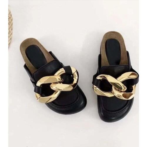 Brand Design Women Slipper Fashion Big Gold Chain Sandals Shoes Round Toe Slip On Mules Flat Heel Casual Slides Flip Flops 2021