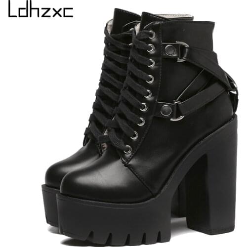 LDHZXC Woman Party Ankle Boots High Heels Punk Fashion Black Boots Women Heel Spring Autumn Lace-up Soft Leather Platform Shoes