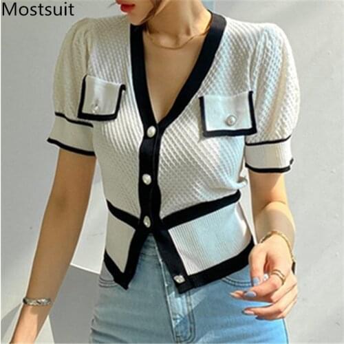 Color-blocked Knitted Korean Cardigan Knitwear Women Short Sleeve V-neck Pockets Sweater Tops Elegant Vintage Ladies Jumpers