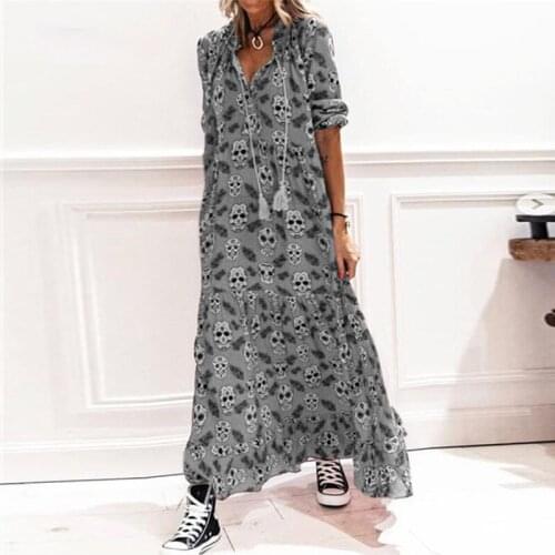 Skull Print Loose Dress Elegant Women V-Neck Long Dresses Ladies Casual Long Sleeve Party Dress 2021 Spring Fashion