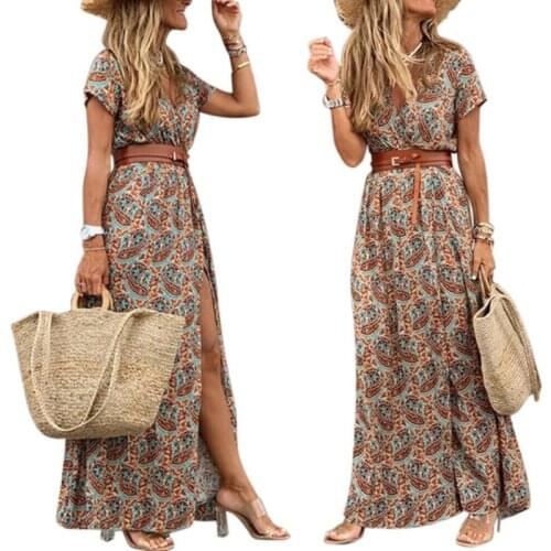Fashion Boho Long Dress For Women V Neck Short Sleeve Print Belt Large Hem Beach Long Dress Elegant Womens Dress 2021