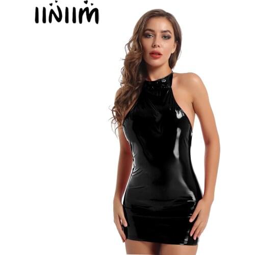 Womens Ladies Wetlook Mini Dress Sexy Patent Leather Skinny Evening Party Dresses Bodycon Mini Dress for Night Clubwear Costumes