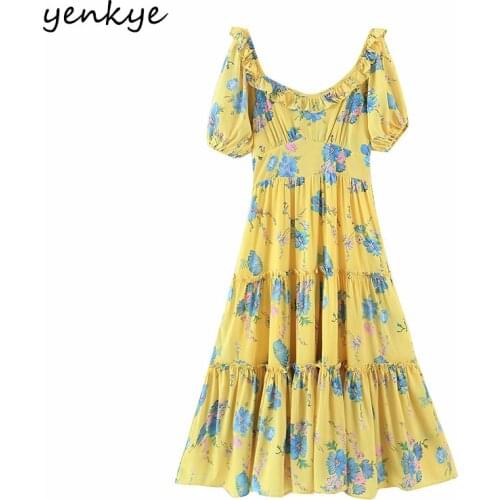 YENKYE Fashion Women Floral Print Elegant Party Dresses Fungus O Neck Puff Sleeve A-line Midi Big Swing Dress Summer Robe