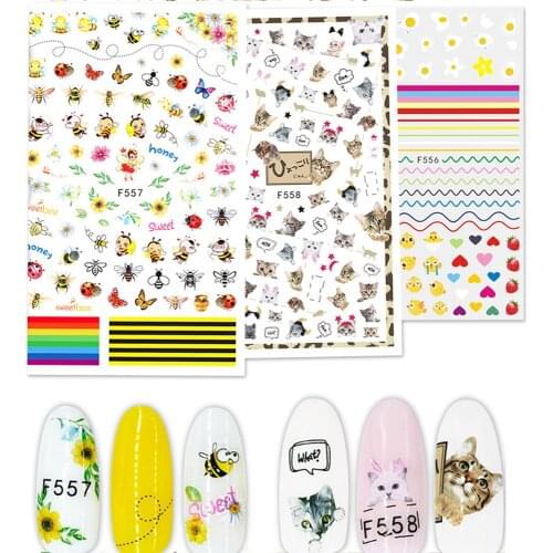 1Pc Nail Art Stickers For Nails Cat Bee 3D Sliders Animal Transfer Decals French Nail Sticker For Nails Art Manicure