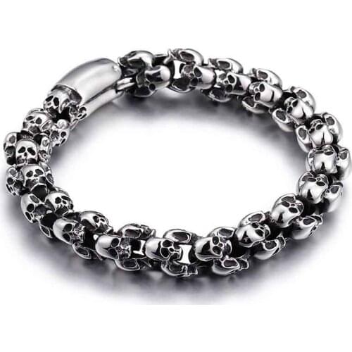 12mm Stainless Steel Mens Vintage Skull Chain Bracelets Rapper Exaggerated Hip hop Men Skeleton Head Link Bangle Jewelry