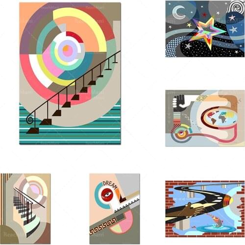 Bauhaus abstract cubism paintings, geometric posters, starry sky art, racial equality art, abstract three-dimensional design dec