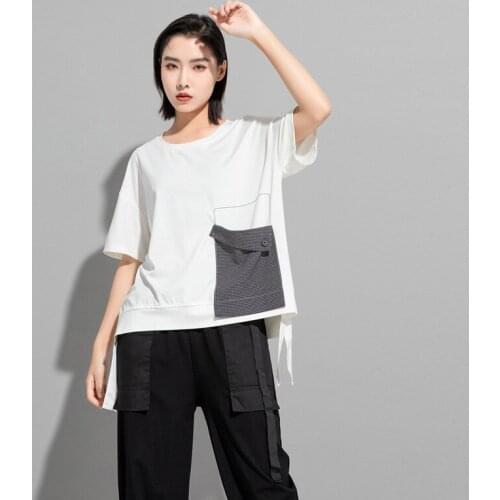 Irregular Big Pocket Plaid White Black Tees Tops Women Summer Short Sleeve Blouse O-Neck Loose Size Cotton Casual T-Shirt