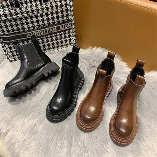 New Brown Martin Boots Autumn And Winter Plus Velvet Thick-soled Chelsea Short Boots Ladies Fashion Leather Boots Womens Boots