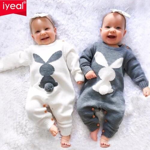 IYEAL Newborn Infant Kids Baby Girls Boys Knit Romper Cartoon Rabbit Long Sleeve Button Autumn Winter Knitted Cotton Jumpsuits