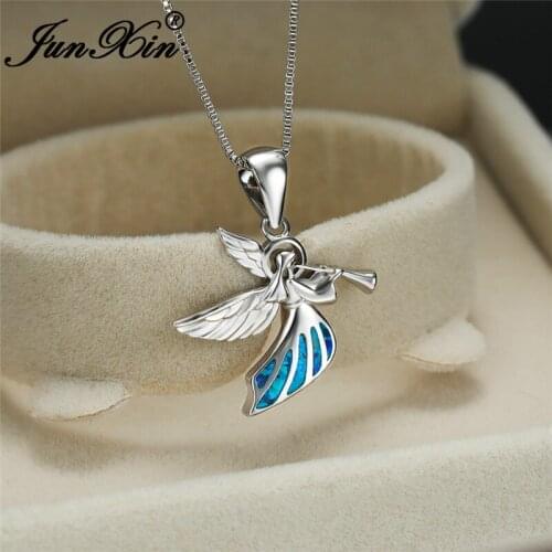 Fairy Angel Wings Pendant Blue Fire Opal Necklaces For Women White Gold Luxury Engagement Wedding Necklace Birthstone Jewelry