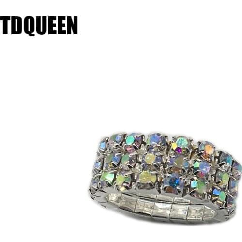 3 Rows AB Crystal Rings for Women Silver Plated Sparkly AB Crystal Jewelry Bridal Wedding Rhinestone Stretch Rings