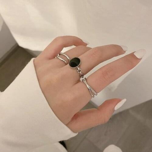 Punk Gothic Black Resin Ring Set Open Ring Adjustable for Women Cross Vintage Silver Retro Charm Finger Jewelry