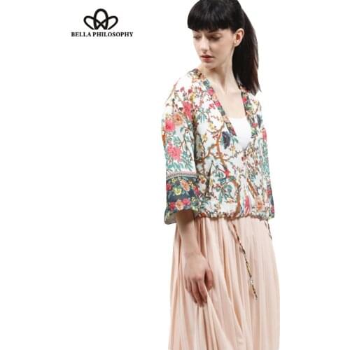 Spring summer new womens flower floral bird print zipper long sleeve V-neck thin kimono jacket