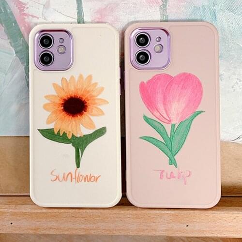 Matte Sunflower Tulip Floral Phone Case for iPhone 12 Mini 11 Pro XS Max Shockproof Plating Detachable Camera Protection Cover