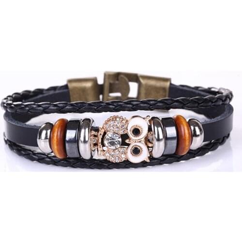Fashion Punk Genuine Wrap Leather Bracelets Leather beaded woven owl For Women Charm Wood Beads Bracelets Cuff Jewelry Access