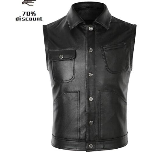 2020 Black Men Short Bikers Leather Vest Plus Size XXXXL Single Breasted Genuine Cowhide Spring Slim Fit Motorcycle Vest