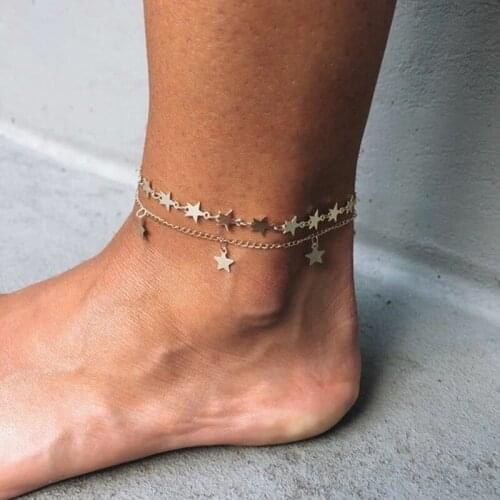 2 Pcs/Set Women Fashion Gold Color Stars Anklets Set Summer Beach Barefoot Leg Bracelet Foot Chain Jewelry Accessories