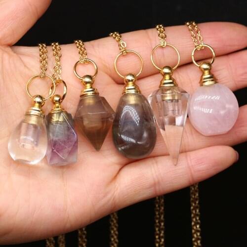 Natural Stone Agates Crystal Quartz Perfume Bottle Purple Grey Agates Pendant Essential Oil Diffuser Necklace Women Jewelry Gift