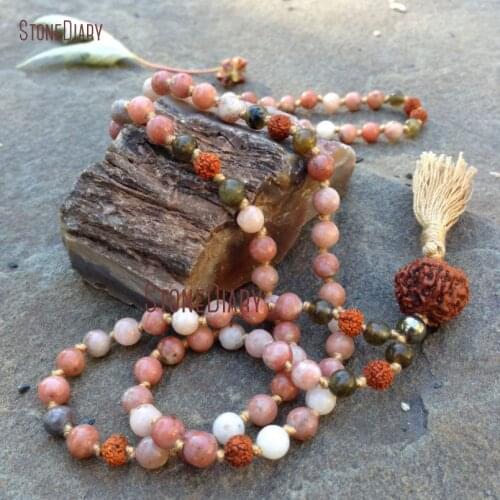 Natural Pink Lepidolite Labradorite Rudraksha Mix Stone Layer 108 Beads Mala Necklace Tassel Charm Hand knotted Beads NM11018