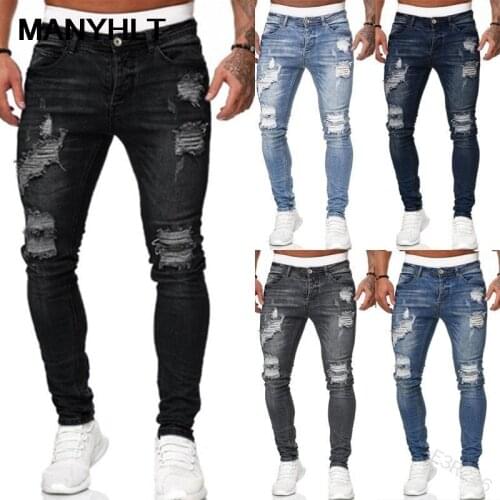 European And American New Mens Clothing With Knee Holes Slim-fit Denim Trousers Casual Fashion Distressed Pants Y2K Streetwear