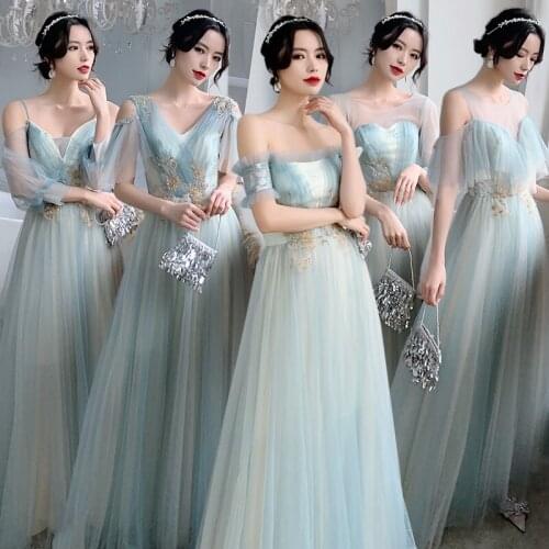 Bridesmaids Dresses Illusion Pleat Sequined O-Neck Embroidery Floor-Length Tulle Off The Shoulder Women Wedding Party Gown E198