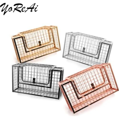 YoReAi Luxury Women Totes Metal Mesh Box Shape Handbag Purse Lady Golden Chain Clutch Bag Hollow Out Shoulder Crossbody Bags