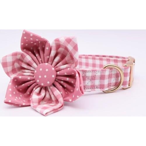 Pink polka dot Girly Dog Collar Bow Dog Flower for Pet Dog Cat with Rose Gold Metal Buckle