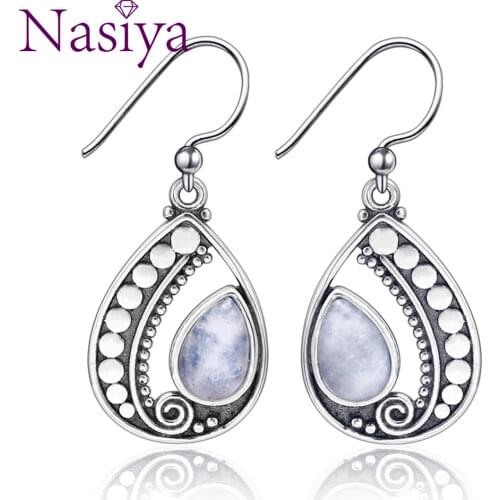 925 Sterling Silver Pendant Earrings 6X9MM Drop-Shaped Natural Moonstone Vintage Women Fashion Jewelry Wedding Party Jewelry