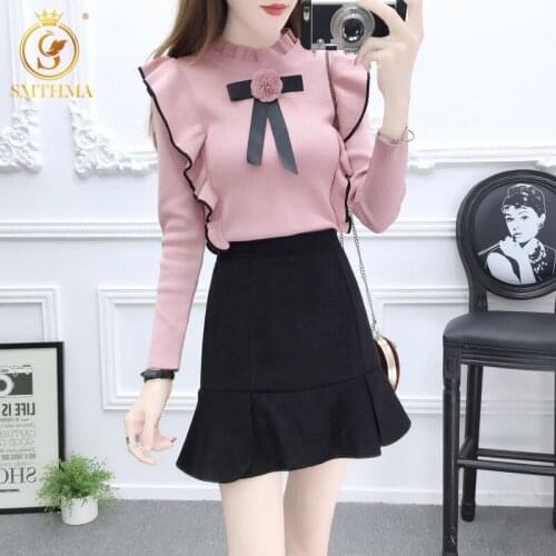 SMTHMA 2021 New Autumn And winter Women Long Sleeve Bow Knitting Pullovers Sweaters Casual Knitted Sweet Ruffle Tops