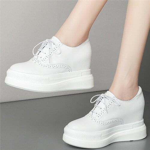 Platform Pumps Women Lace Up Genuine Leather Wedges High Heel Ankle Boots Female Low Top Round Toe Fashion Sneakers Casual Shoes