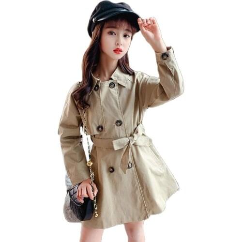 Girls Windbreaker Jackets 2021 Spring Autumn New Children Cotton Coat Double-Breasted Casual Outerwear 4 6 8 10 12Y Kids Trench