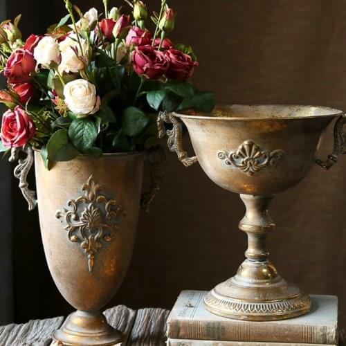 Vintage Hand Made Classic Ditressed Retro Gold Flower Vase Pedestal Silver European Style Goblet Flowerpot