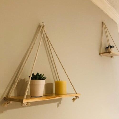 Vintage Pine Wood Hanging Ornament Rack Hemp Rope Bathroom Shelf Plant Shelf Kitchen Accessories Bathroom Accessories