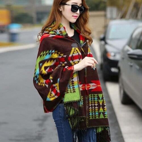 Vintage Women Autumn Hooded Cloak Geometric Buckle Tassel Warm Bohemian Casual Poncho Female Fashion Ethnic Scarf Shawls
