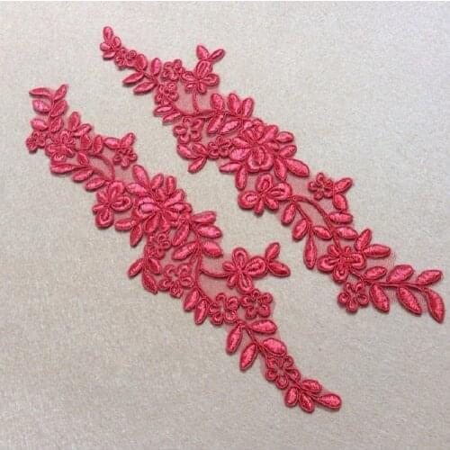 High quality sew on Red embeoriderd flower lace appliqued trim for bridal dress