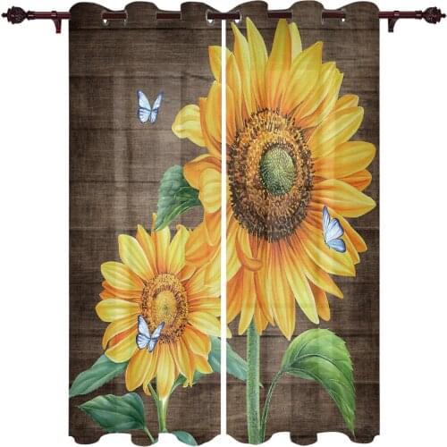 Farm Flower Sunflower Butterfly Wood Grain Window Curtains Kids Room Living Room Curtain Panels Valance Curtains for Kitchen