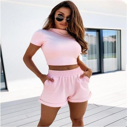 2 Piece Sets Womens Outfits Fashion Two Piece Crop Top and Short Set for Women Summer 2021 Casual Black Pink Outfit Matching Set