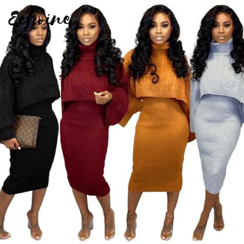 Autumn Winter Womens set Tracksuits Turtleneck Long Sleeve Sweater Top Mid Calf Dress Bodycon Christmas Outfits Plus Size XXL