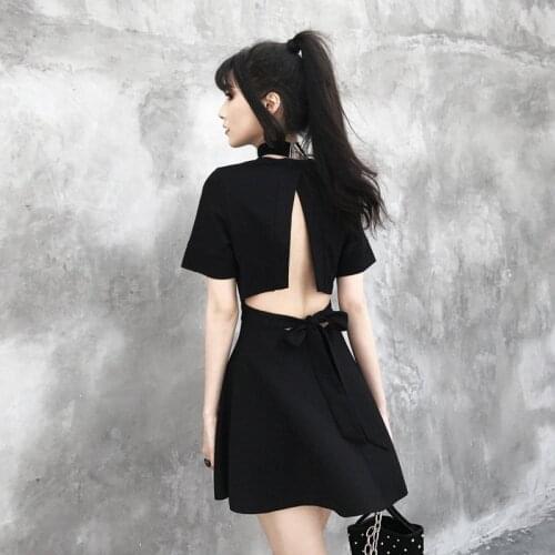 New 2020 Summer Dress For Women Backless V-neck High Waist Black Sexy Vestidos Streetwear Girls Short sleeve Gothic Dresses